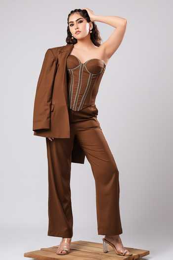 Buy Ahi Clothing Brown Crepe, Suiting Sweetheart Neck Nixie Mocha Corset Power Blazer Set Buy_Ahi Clothing_Brown Crepe, Suiting Sweetheart Neck Nixie Mocha Corset Power Blazer Set