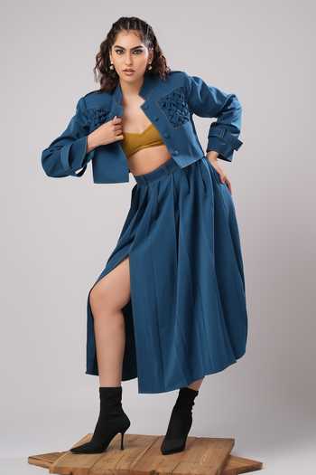 Shop Ahi Clothing Blue Crepe Bandeau Neck Ivy Braided Co-ord Skirt Set Online at Aza Fashions Shop_Ahi Clothing_Blue Crepe Bandeau Neck Ivy Braided Co-ord Skirt Set _Online_at_Aza_Fashions