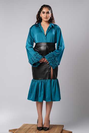 Ahi Clothing Teal Satin, Leather Collared Neck Jade Woven Shirt And Skirt Co-ord Set Online at Aza Fashions Ahi Clothing_Teal Satin, Leather Collared Neck Jade Woven Shirt And Skirt Co-ord Set _Online_at_Aza_Fashions