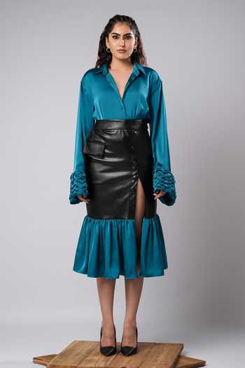 Buy Ahi Clothing Teal Satin, Leather Collared Neck Jade Woven Shirt And Skirt Co-ord Set Online at Aza Fashions Buy_Ahi Clothing_Teal Satin, Leather Collared Neck Jade Woven Shirt And Skirt Co-ord Set _Online_at_Aza_Fashions