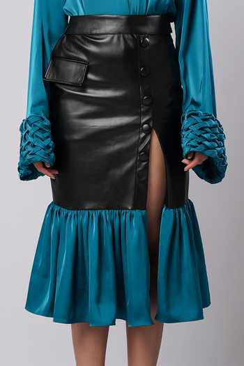 Shop Ahi Clothing Teal Satin, Leather Collared Neck Jade Woven Shirt And Skirt Co-ord Set Online at Aza Fashions Shop_Ahi Clothing_Teal Satin, Leather Collared Neck Jade Woven Shirt And Skirt Co-ord Set _Online_at_Aza_Fashions