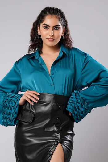 Buy Ahi Clothing Teal Satin, Leather Collared Neck Jade Woven Shirt And Skirt Co-ord Set Buy_Ahi Clothing_Teal Satin, Leather Collared Neck Jade Woven Shirt And Skirt Co-ord Set