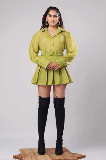 Buy_Ahi Clothing_Lime Organza, Crepe Collared Neck, Poppy Shirt And Pleated Mini Skirt _Online_at_Aza_Fashions