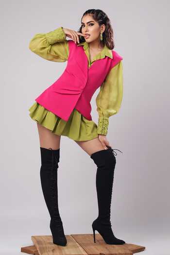 Shop_Ahi Clothing_Lime Organza, Crepe Collared Neck, Poppy Shirt And Pleated Mini Skirt _Online_at_Aza_Fashions