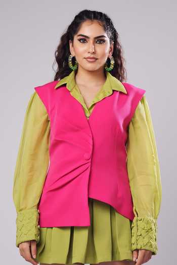 Ahi Clothing_Lime Organza, Crepe Collared Neck, Poppy Shirt And Pleated Mini Skirt _at_Aza_Fashions