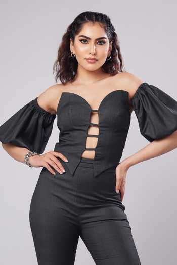 Ahi Clothing_Charcoal Suiting Sweetheart Neck Heidi Corset Top With Flared Trouser _at_Aza_Fashions