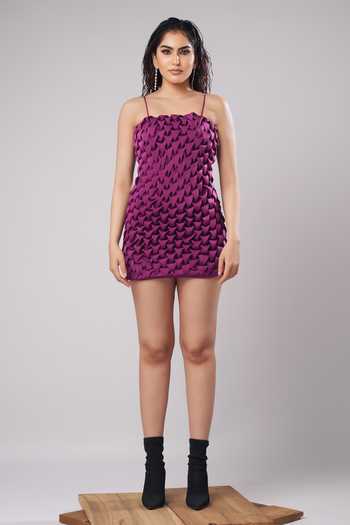 Ahi Clothing_Magenta Crepe, Satin Maddie 3d Textured Mini Dress _Online_at_Aza_Fashions