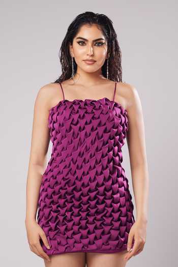 Buy_Ahi Clothing_Magenta Crepe, Satin Maddie 3d Textured Mini Dress _Online_at_Aza_Fashions