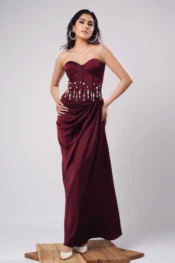 Ahi Clothing_Magenta Satin Pearls Sweetheart Neck Olivia Corset Draped Skirt Set _Online_at_Aza_Fashions