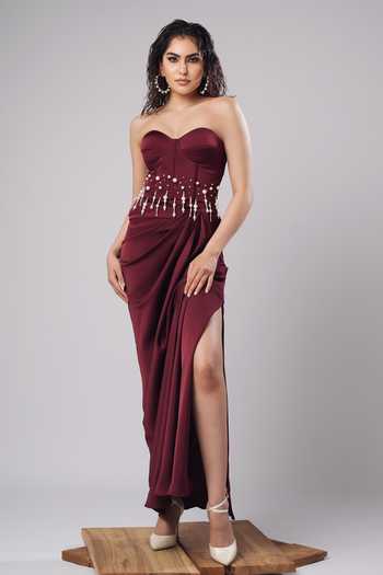 Buy_Ahi Clothing_Magenta Satin Pearls Sweetheart Neck Olivia Corset Draped Skirt Set _Online_at_Aza_Fashions