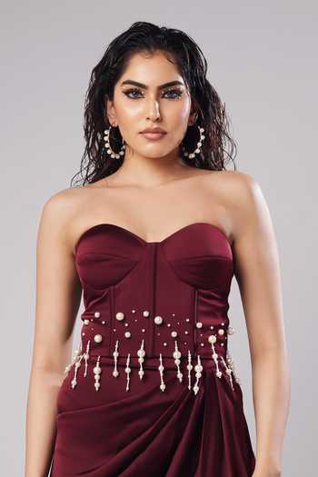 Shop_Ahi Clothing_Magenta Satin Pearls Sweetheart Neck Olivia Corset Draped Skirt Set _Online_at_Aza_Fashions