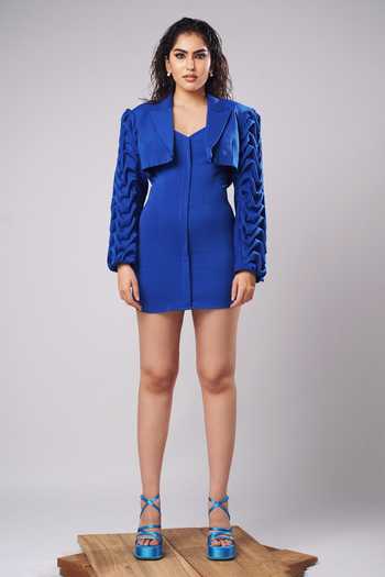 Shop_Ahi Clothing_Cobalt Crepe Sweetheart , Open Scarlett Sculpted Mini Dress With Bolero _Online_at_Aza_Fashions