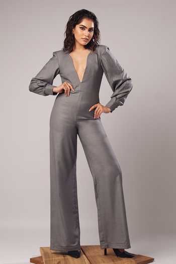 Ahi Clothing Grey Suiting Plunge Neck Molly Structured Power Jumpsuit Online at Aza Fashions Ahi Clothing_Grey Suiting Plunge Neck Molly Structured Power Jumpsuit _Online_at_Aza_Fashions