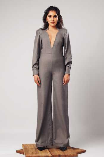 Buy_Ahi Clothing_Grey Suiting Plunge Neck Molly Structured Power Jumpsuit _Online_at_Aza_Fashions