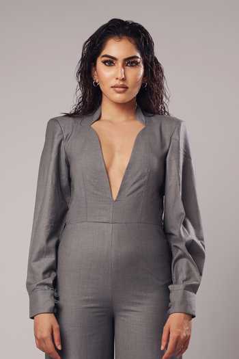 Shop_Ahi Clothing_Grey Suiting Plunge Neck Molly Structured Power Jumpsuit _Online_at_Aza_Fashions