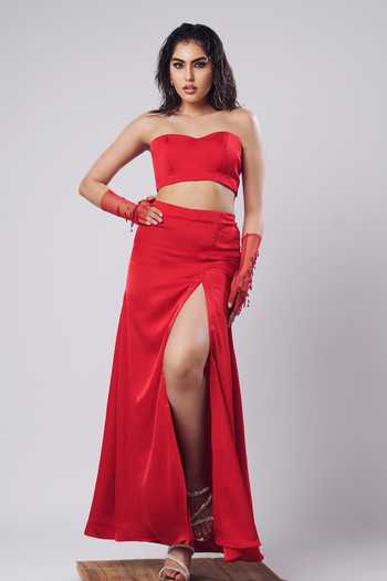 Buy_Ahi Clothing_Red Crepe, Satin Sweetheart Neck Rosemary Scarlet Skirt Set _Online_at_Aza_Fashions