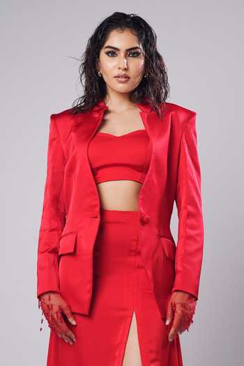 Shop_Ahi Clothing_Red Crepe, Satin Sweetheart Neck Rosemary Scarlet Skirt Set _Online_at_Aza_Fashions