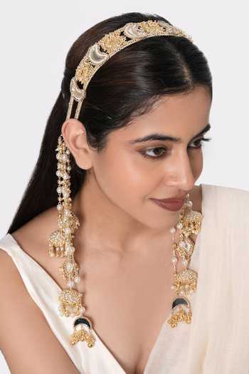 Buy Vaidaan Gold Plated Beads, Pearls, Mirrors Mokshika Work Mathapatti at Aza Fashions Buy_Vaidaan_Gold Plated Beads, Pearls, Mirrors Mokshika Work Mathapatti _at_Aza_Fashions