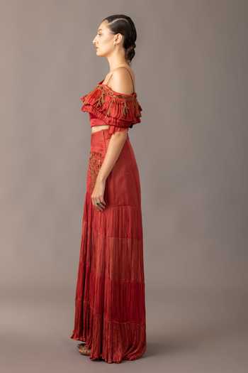 A Humming Way Red Satin, Chiffon One Shoulder Gill Fungi Ruched Blouse And Thar Skirt Set at Aza Fashions A Humming Way_Red Satin, Chiffon One Shoulder Gill Fungi Ruched Blouse And Thar Skirt Set _at_Aza_Fashions