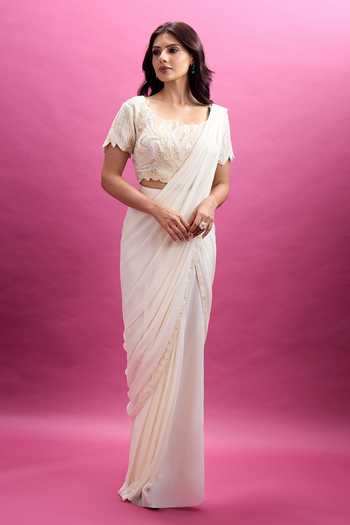Buy_Aariyana Couture_Ivory Viscose Georgette Round Neck Border Embroidered Pre-draped Saree Set 