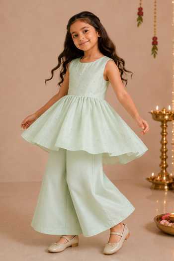 Darleen Kids Couture Nayra Embroidered Peplum Kurta & Palazzo Set 