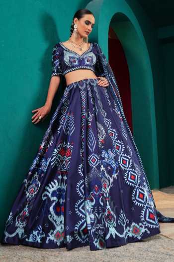 Shop Miku Kumar Blue Silk V-neck Princess Marina Printed Lehenga Set Online at Aza Fashions Shop_Miku Kumar_Blue Silk V-neck Princess Marina Printed Lehenga Set _Online_at_Aza_Fashions