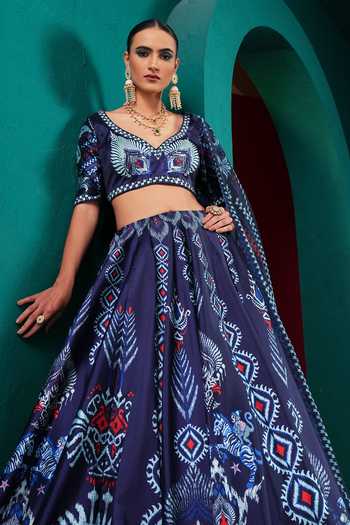Buy Miku Kumar Blue Silk V-neck Princess Marina Printed Lehenga Set Buy_Miku Kumar_Blue Silk V-neck Princess Marina Printed Lehenga Set