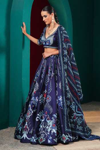 Shop Miku Kumar Blue Silk V-neck Princess Marina Printed Lehenga Set Shop_Miku Kumar_Blue Silk V-neck Princess Marina Printed Lehenga Set