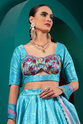 Buy Miku Kumar Blue Silk Sweetheart Neck Princess Marina Print Lehenga Set Online at Aza Fashions Buy_Miku Kumar_Blue Silk Sweetheart Neck Princess Marina Print Lehenga Set _Online_at_Aza_Fashions