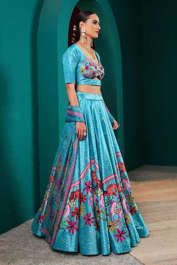 Miku Kumar Blue Silk Sweetheart Neck Princess Marina Print Lehenga Set at Aza Fashions Miku Kumar_Blue Silk Sweetheart Neck Princess Marina Print Lehenga Set _at_Aza_Fashions