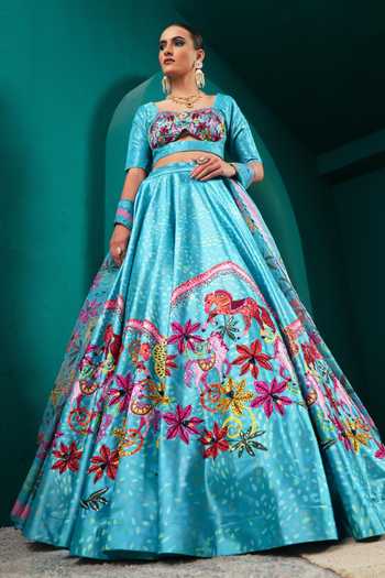 Buy Miku Kumar Blue Silk Sweetheart Neck Princess Marina Print Lehenga Set Buy_Miku Kumar_Blue Silk Sweetheart Neck Princess Marina Print Lehenga Set