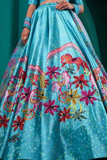 Shop Miku Kumar Blue Silk Sweetheart Neck Princess Marina Print Lehenga Set Shop_Miku Kumar_Blue Silk Sweetheart Neck Princess Marina Print Lehenga Set