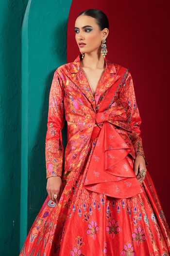 Miku Kumar Red Silk V-neck Princess Rosalie Printed Lehenga Set at Aza Fashions Miku Kumar_Red Silk V-neck Princess Rosalie Printed Lehenga Set _at_Aza_Fashions