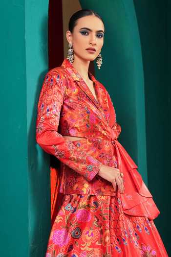 Buy Miku Kumar Red Silk V-neck Princess Rosalie Printed Lehenga Set Buy_Miku Kumar_Red Silk V-neck Princess Rosalie Printed Lehenga Set