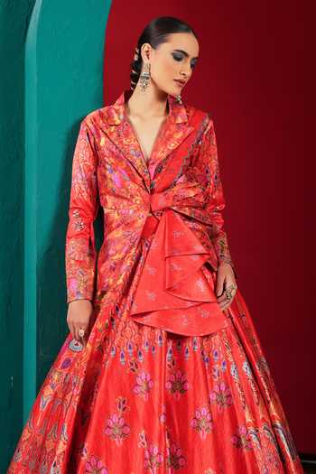 Shop Miku Kumar Red Silk V-neck Princess Rosalie Printed Lehenga Set Shop_Miku Kumar_Red Silk V-neck Princess Rosalie Printed Lehenga Set