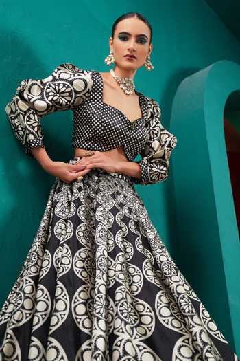 Shop Miku Kumar Black Silk Sweetheart Neck Princess Odette Printed Lehenga Set Shop_Miku Kumar_Black Silk Sweetheart Neck Princess Odette Printed Lehenga Set