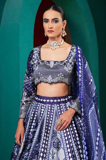 Buy Miku Kumar Blue Silk Square Neck Princess Isolde Printed Lehenga Set Buy_Miku Kumar_Blue Silk Square Neck Princess Isolde Printed Lehenga Set