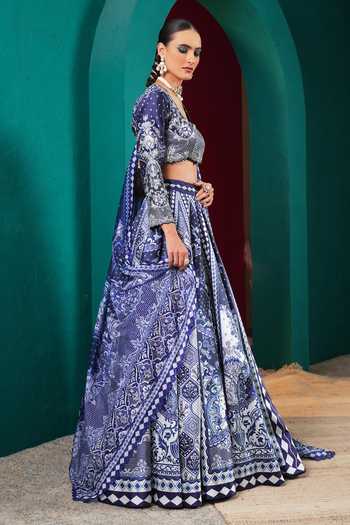 Shop Miku Kumar Blue Silk Square Neck Princess Isolde Printed Lehenga Set Shop_Miku Kumar_Blue Silk Square Neck Princess Isolde Printed Lehenga Set