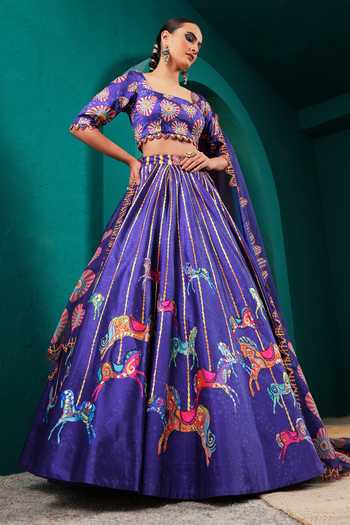Buy Miku Kumar Purple Silk Square Neck Princess Seraphine Printed Lehenga Set Buy_Miku Kumar_Purple Silk Square Neck Princess Seraphine Printed Lehenga Set