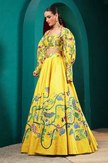 Buy Miku Kumar Yellow Silk Square Neck Princess Aurelia Printed Lehenga Set Online at Aza Fashions Buy_Miku Kumar_Yellow Silk Square Neck Princess Aurelia Printed Lehenga Set _Online_at_Aza_Fashions