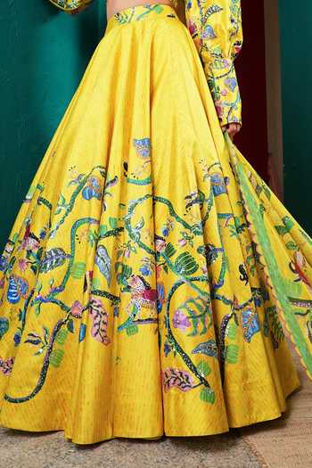 Buy Miku Kumar Yellow Silk Square Neck Princess Aurelia Printed Lehenga Set Buy_Miku Kumar_Yellow Silk Square Neck Princess Aurelia Printed Lehenga Set