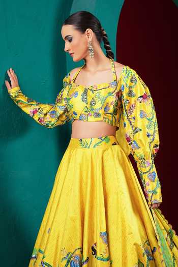 Shop Miku Kumar Yellow Silk Square Neck Princess Aurelia Printed Lehenga Set Shop_Miku Kumar_Yellow Silk Square Neck Princess Aurelia Printed Lehenga Set