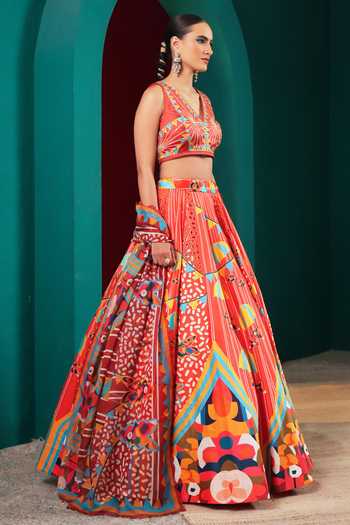 Buy_Miku Kumar_Orange Silk V-neck Princess Valentina Printed Lehenga Set _Online_at_Aza_Fashions