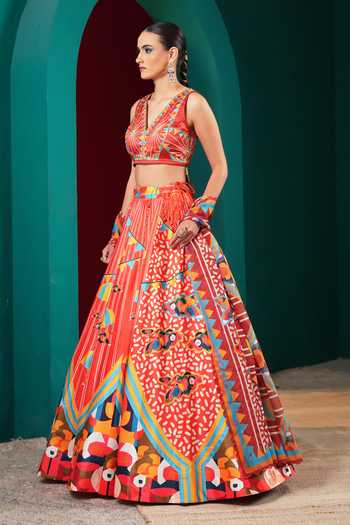 Miku Kumar_Orange Silk V-neck Princess Valentina Printed Lehenga Set _at_Aza_Fashions