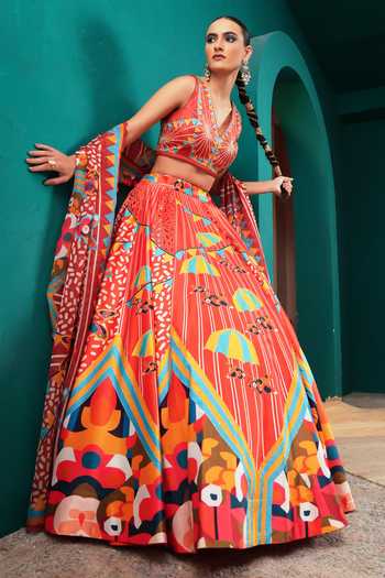 Buy_Miku Kumar_Orange Silk V-neck Princess Valentina Printed Lehenga Set 