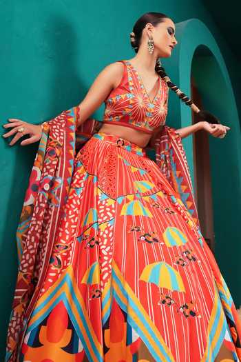 Shop_Miku Kumar_Orange Silk V-neck Princess Valentina Printed Lehenga Set 