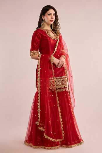 Buy Saina Kapoor Red Dupion, Net Keyhole Neck Gota Patti Embroidered Kurta Gharara Set Online at Aza Fashions Buy_Saina Kapoor_Red Dupion, Net Keyhole Neck Gota Patti Embroidered Kurta Gharara Set _Online_at_Aza_Fashions