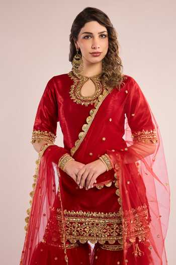 Shop Saina Kapoor Red Dupion, Net Keyhole Neck Gota Patti Embroidered Kurta Gharara Set Online at Aza Fashions Shop_Saina Kapoor_Red Dupion, Net Keyhole Neck Gota Patti Embroidered Kurta Gharara Set _Online_at_Aza_Fashions