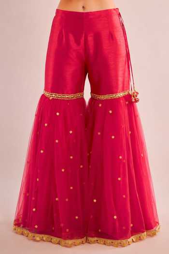 Saina Kapoor Pink Dupion, Net Sweetheart Neck, Yes Embroidered Kurta Gharara Set Online at Aza Fashions Saina Kapoor_Pink Dupion, Net Sweetheart Neck, Yes Embroidered Kurta Gharara Set _Online_at_Aza_Fashions