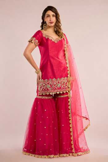 Buy Saina Kapoor Pink Dupion, Net Sweetheart Neck, Yes Embroidered Kurta Gharara Set Online at Aza Fashions Buy_Saina Kapoor_Pink Dupion, Net Sweetheart Neck, Yes Embroidered Kurta Gharara Set _Online_at_Aza_Fashions